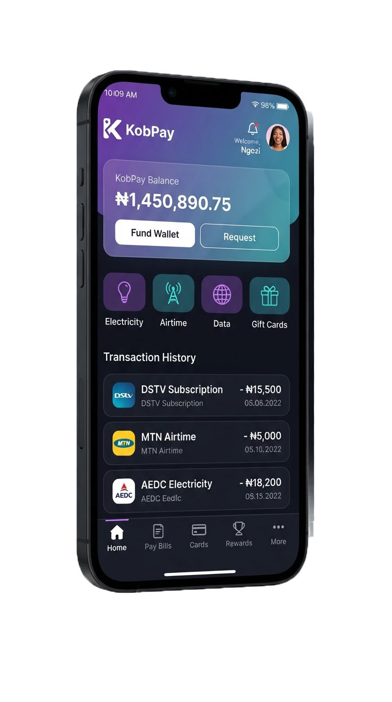 KobPay app dashboard showing quick actions for electricity, airtime, data, and cable TV bills